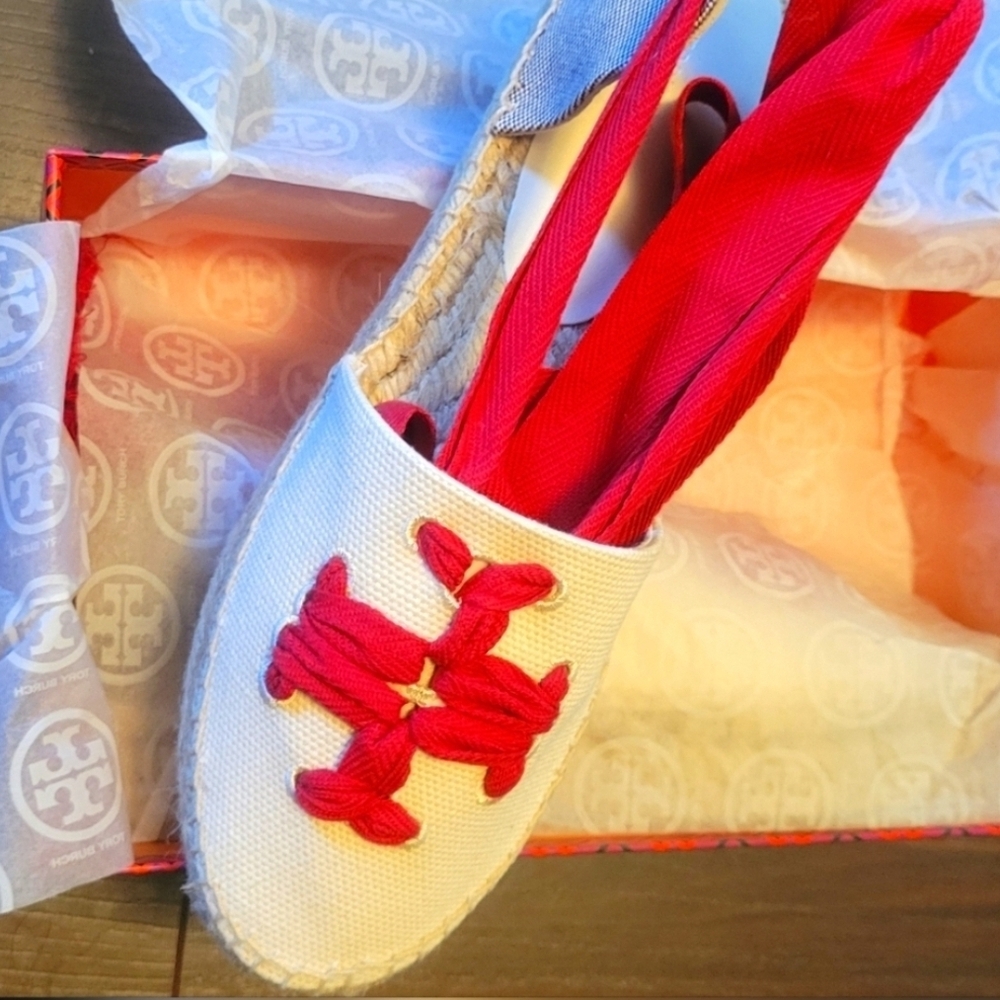 Tory Burch Red and Cream Espadrilles
